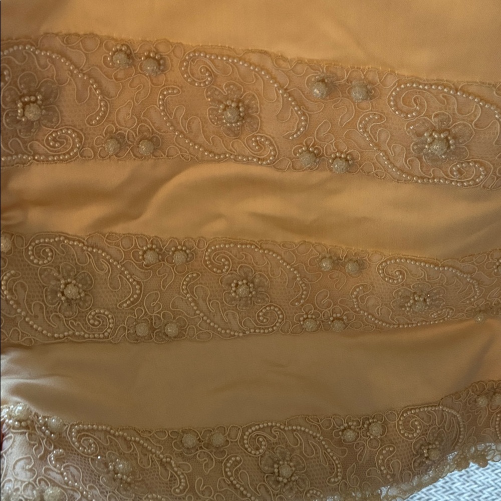 Saks Fifth Avenue Elegant Champagne Satin Lace Pearl beads Wedding Gown